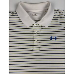 Under Armour Men's Collared Polo Shirt White Blue Yellow Stripe Golf Medium